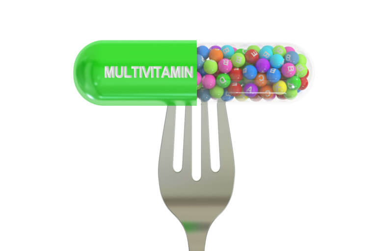 fork with multivitamin capsule, 3D rendering